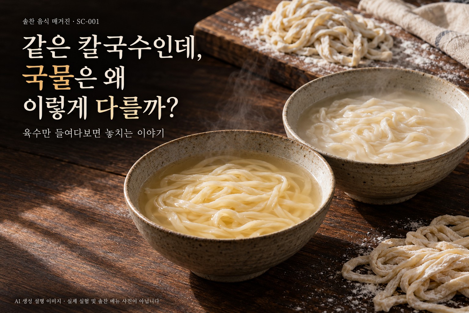 AI 생성 설명 이미지. 칼국수 국물을 주제로 한 가상 장면; 실제 실험 및 솔찬 메뉴 사진 아님