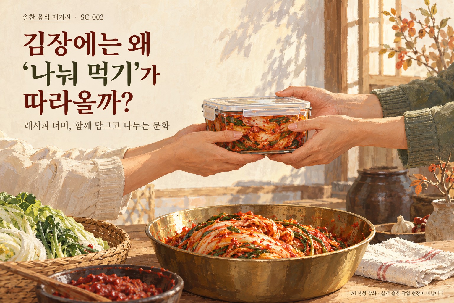 AI 생성 설명 이미지. 김장 나눔을 설명하는 삽화; 실제 솔찬 작업 현장 아님