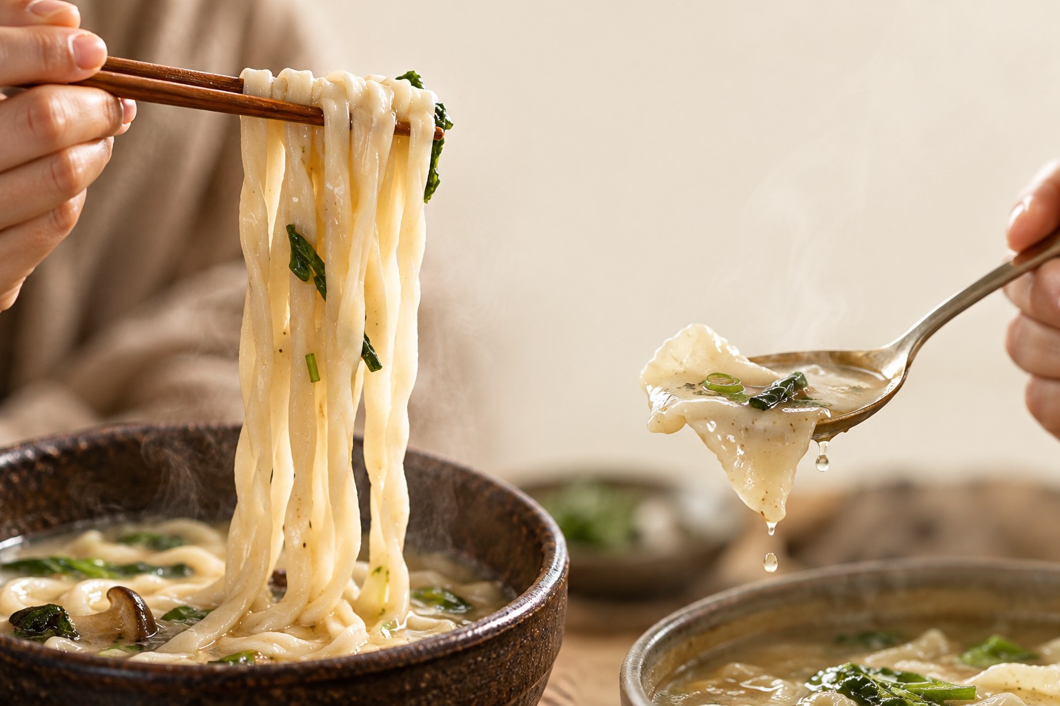 젓가락으로 긴 칼국수 면발을 들어 올리는 손과 숟가락으로 국물과 수제비 반죽 조각을 건져 올리는 손동작을 가까이서 비교한 AI 설명 삽화