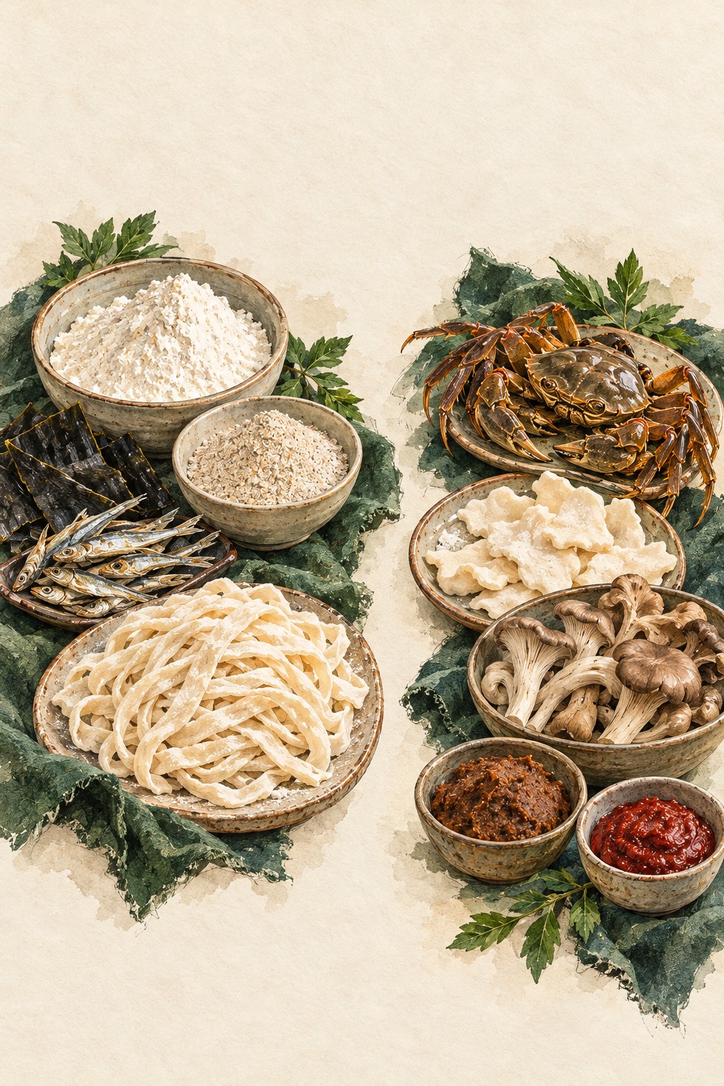피 칼국수의 피가루·밀가루·멸치·다시마와 파주 참게수제비의 참게·버섯·된장·고추장을 각각 묘사한 수채화 스타일 AI 개념 삽화. 특정 버섯 종 감별 또는 실제 조리 사진 아님