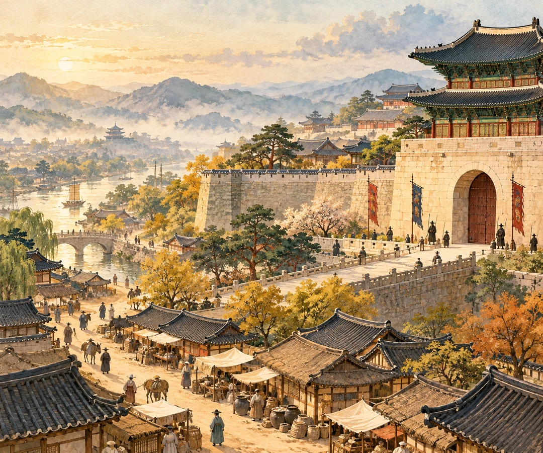 궁궐 담장과 궁 밖 생활 공간을 대비한 창작 수채화 삽화.