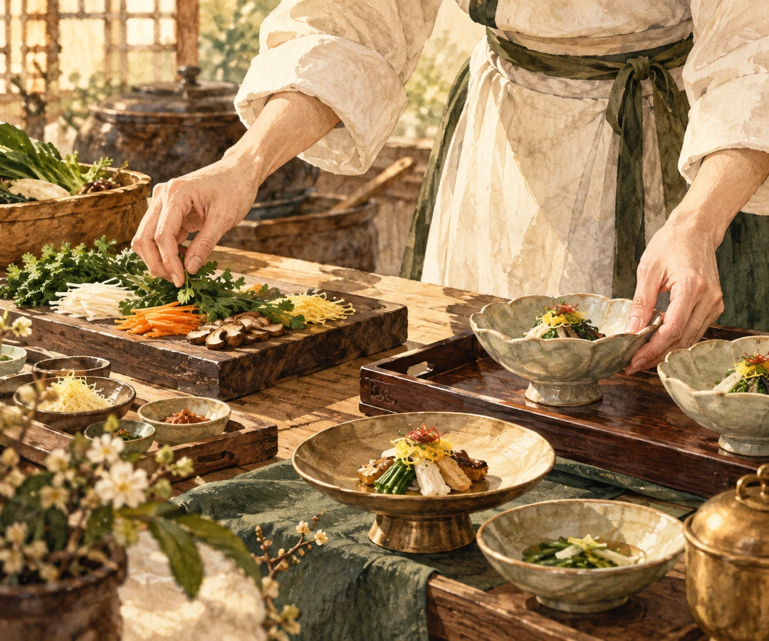 음식 재료를 정돈하고 그릇을 마무리하는 성인의 손을 그린 창작 삽화.