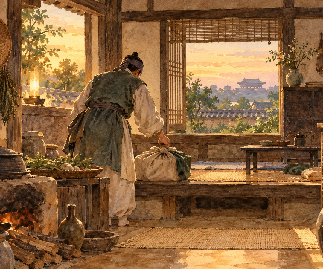 집 안에서 보따리를 내려놓는 익명 성인과 멀리 보이는 궁궐 지붕을 그린 창작 삽화.