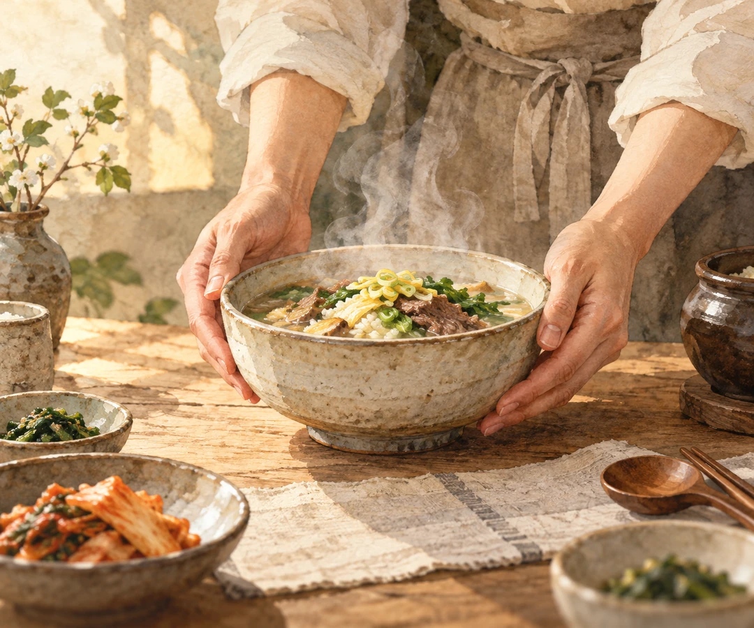 따뜻한 음식 한 그릇을 조심스럽게 놓는 성인 손을 그린 창작 삽화.