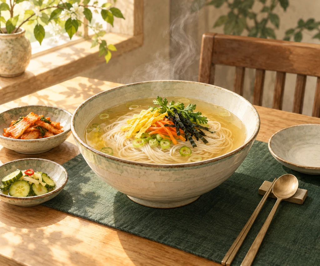 평범한 날 식탁에 놓인 잔치국수 한 그릇을 그린 AI 창작 삽화.