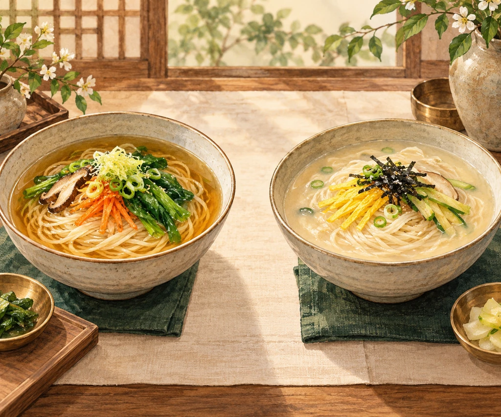 서로 다른 국물과 고명을 가진 두 국수 그릇을 비교한 AI 창작 삽화.