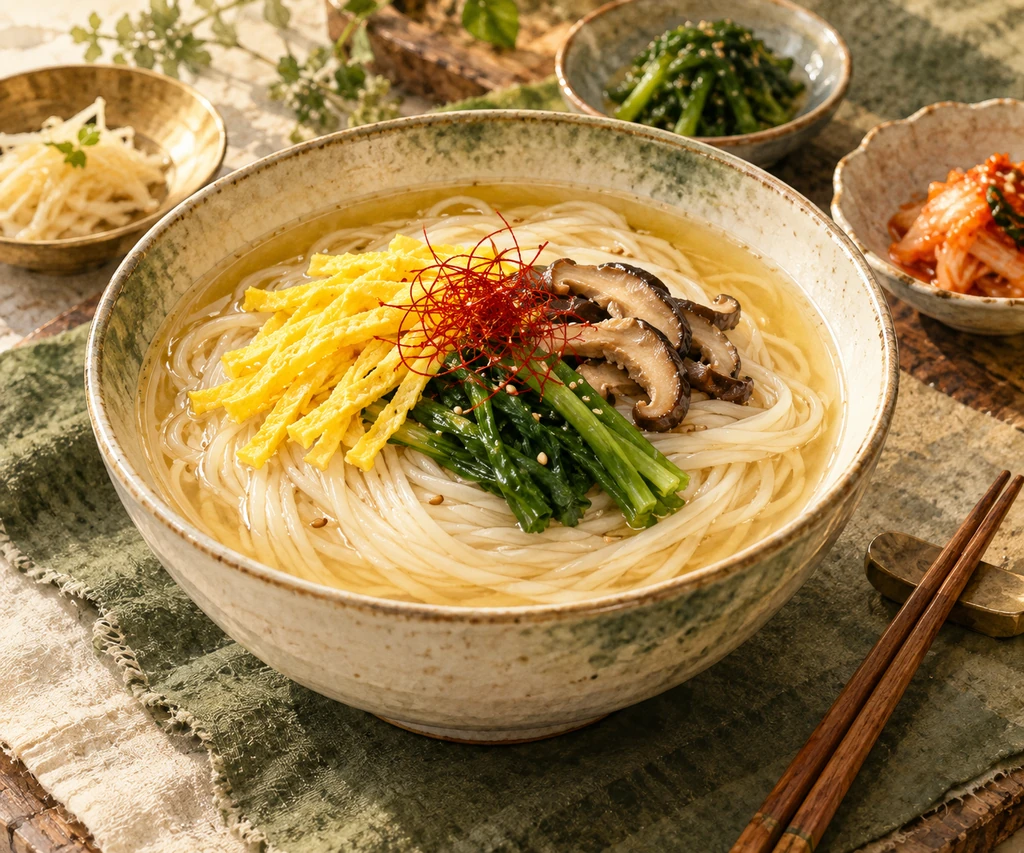 흰 국수 위에 고명이 놓인 한 그릇을 그린 AI 창작 삽화.
